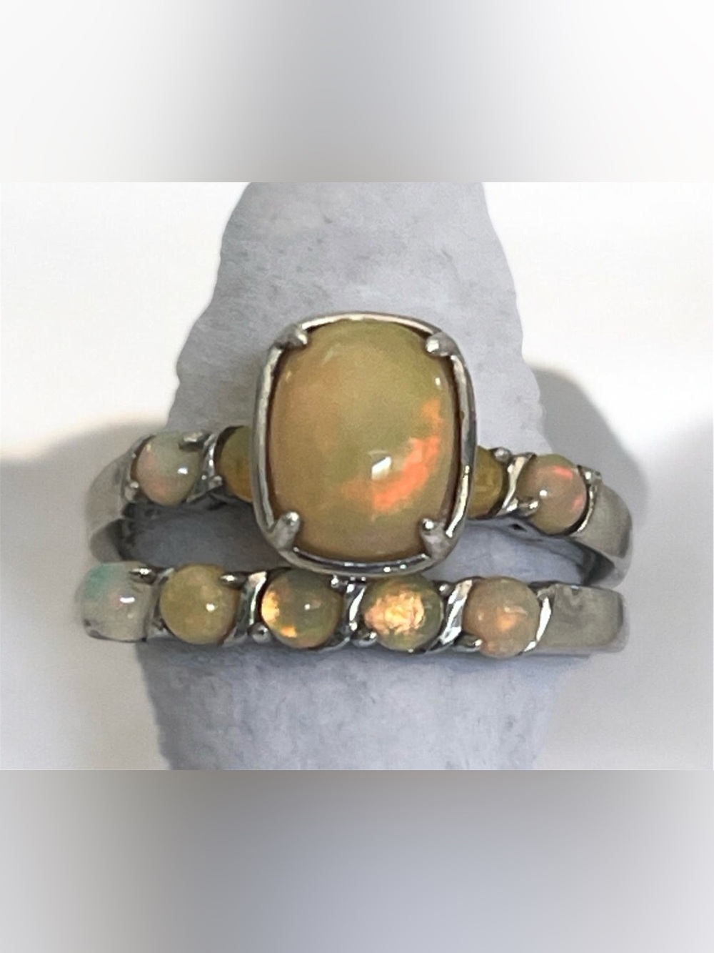 Sterling Opal Stackable Ring Set in Peach-Orange Opalescence